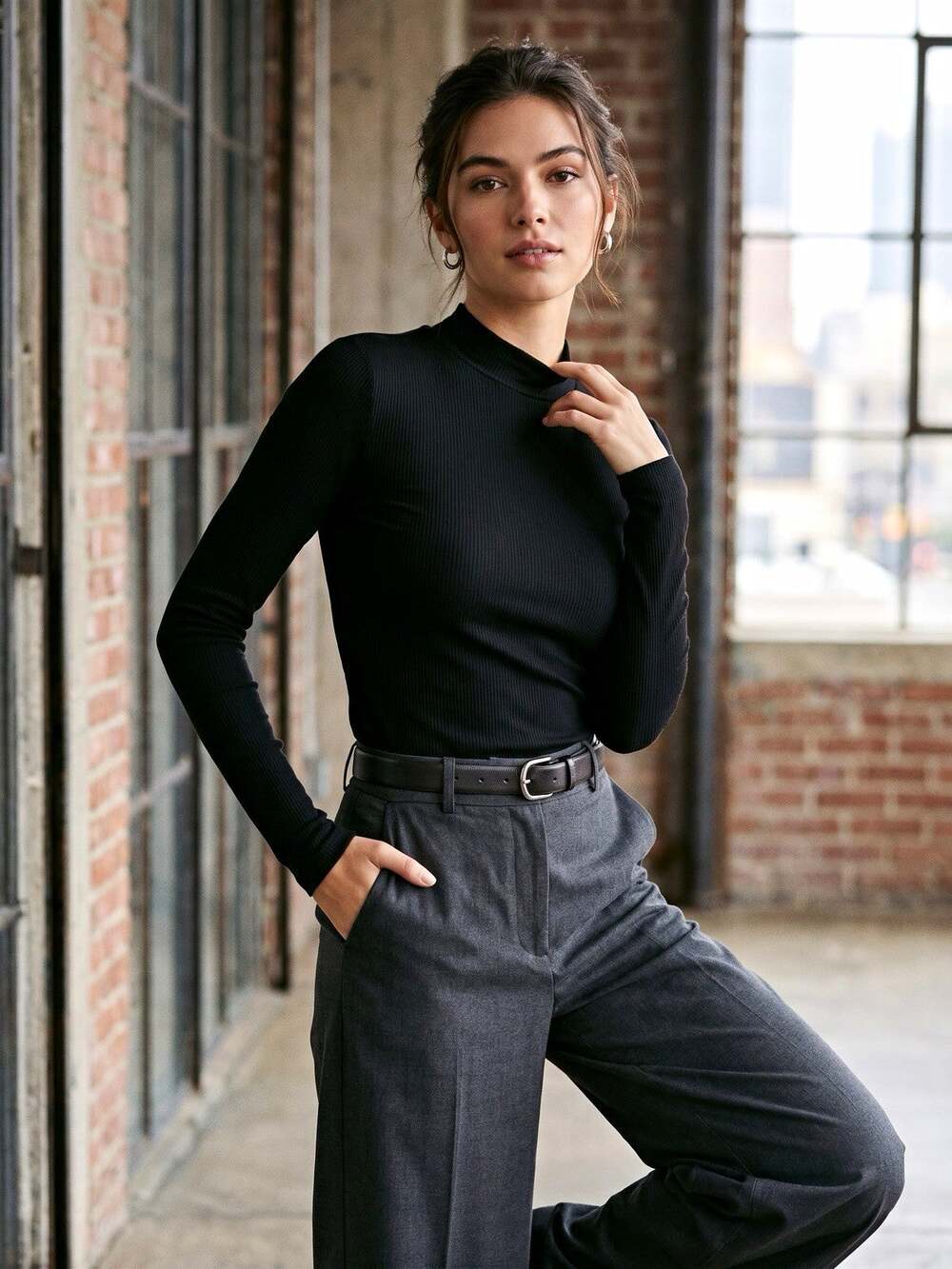 Lands' End Black Knit Mock Neck Long Sleeve Slim Stretch Top Women's 12